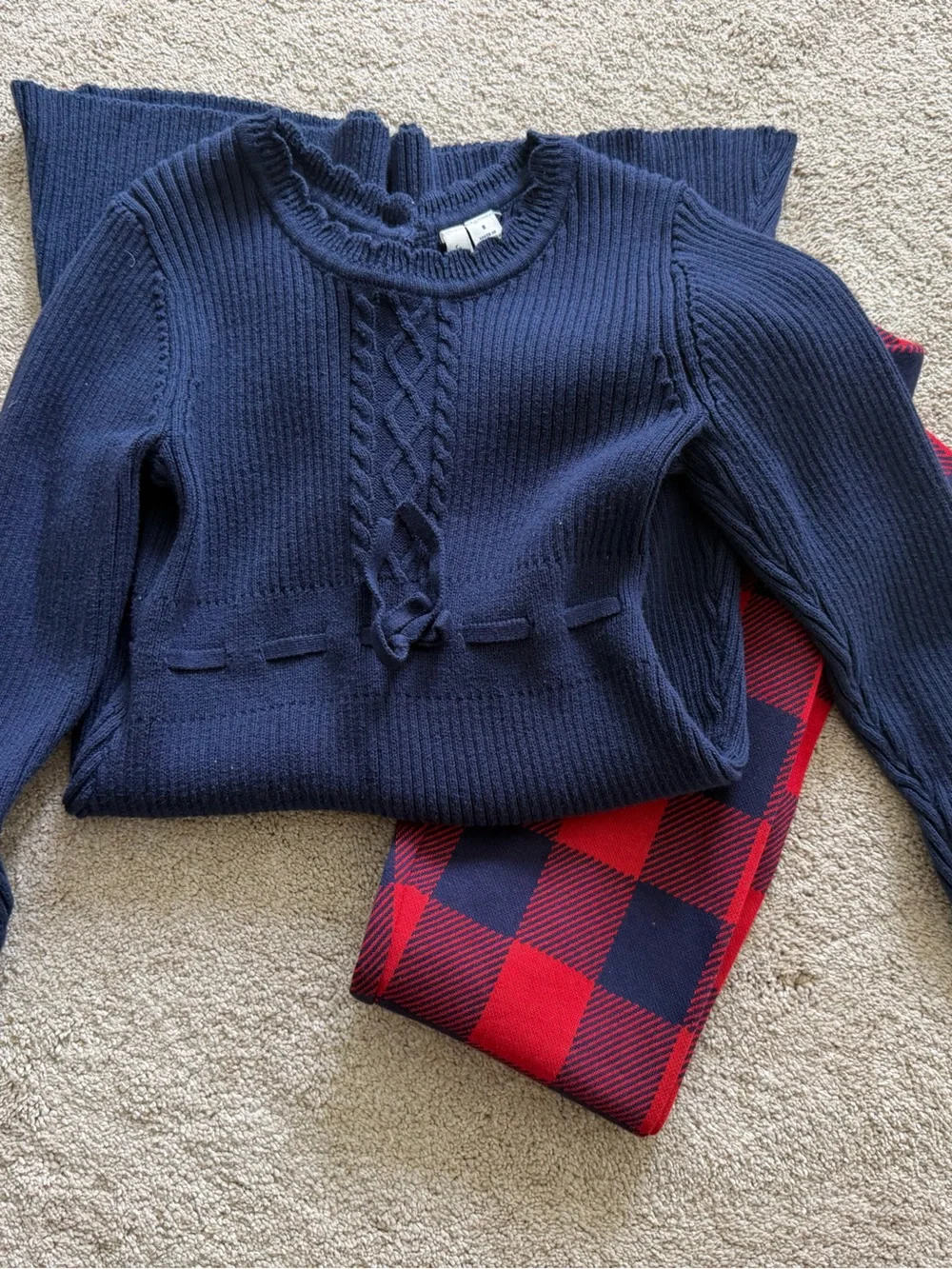 Janie and Jack Navy Knit Sweater Dress with Red & Navy Buffalo Plaid Leggings